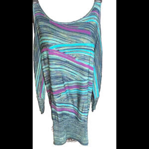 👚💚CACHE Exclusive of Design Open Shoulder Top Turquoise Stripe Buckles